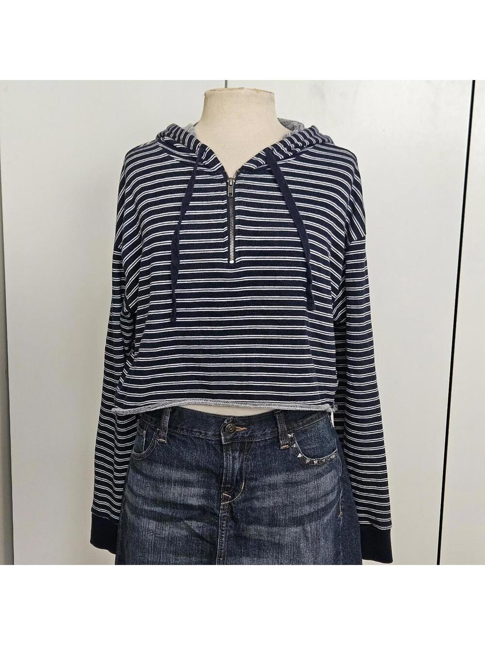 Navy Oversized Striped Cropped Hooded Henley sz Large